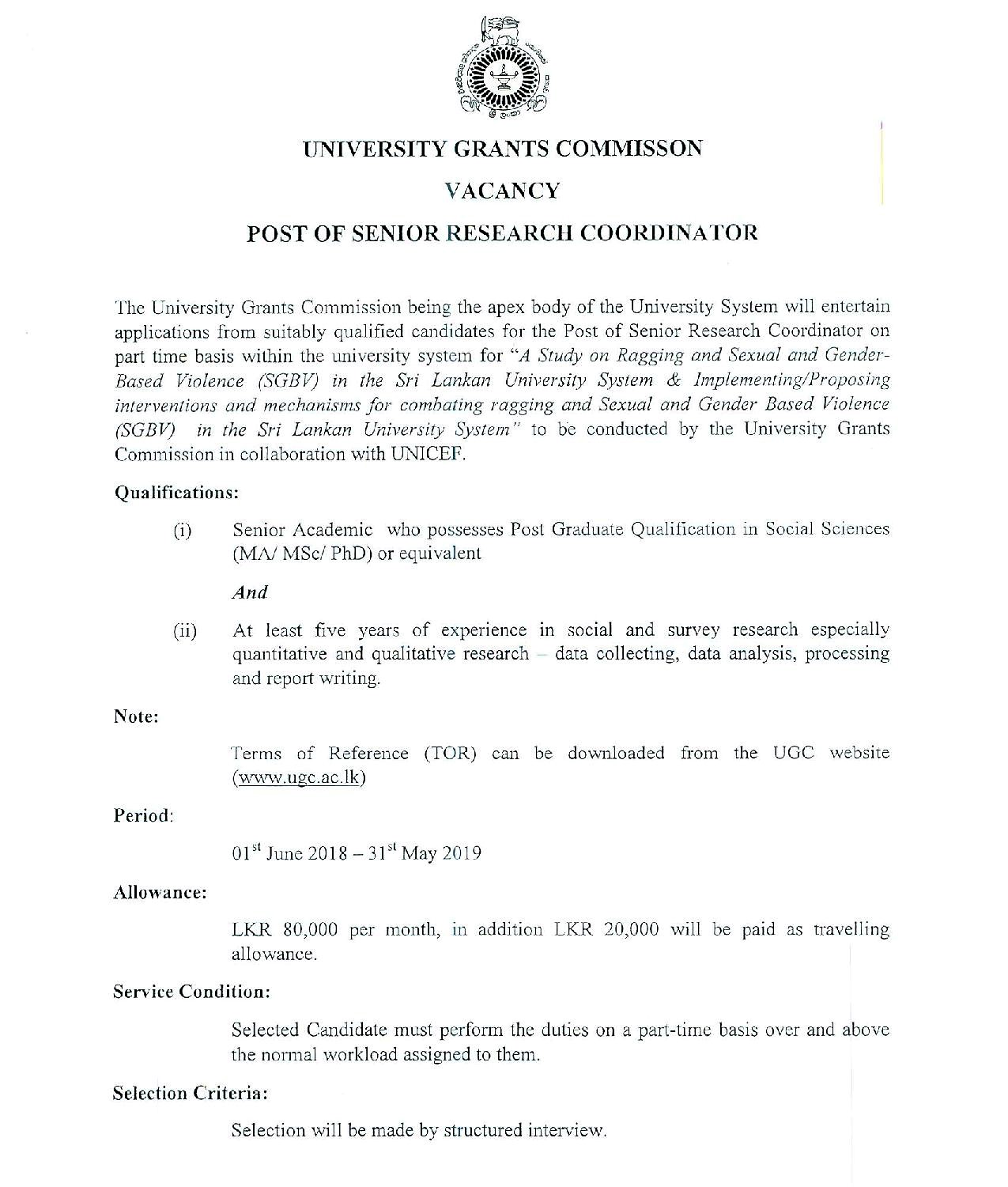 Senior Research Coordinator - University Grants Commission